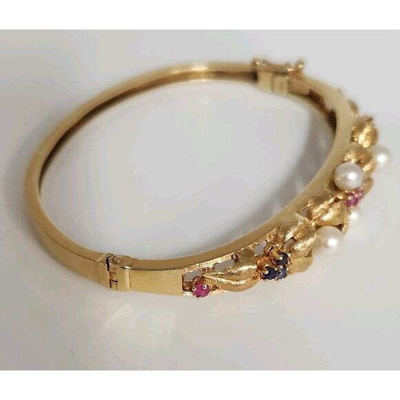 Antique 14k Yellow Gold Diamond,Pearls,Ruby &Sapphire Bangle Bracelets - Picture 5 of 16